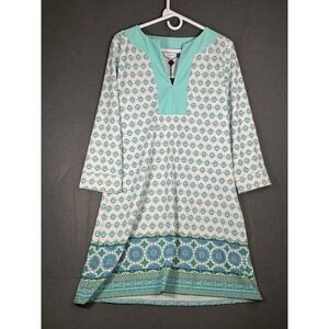 Cabana Life Women's Tunic Dress L Aqua Blue White Geometric Print  3/4Sleeve